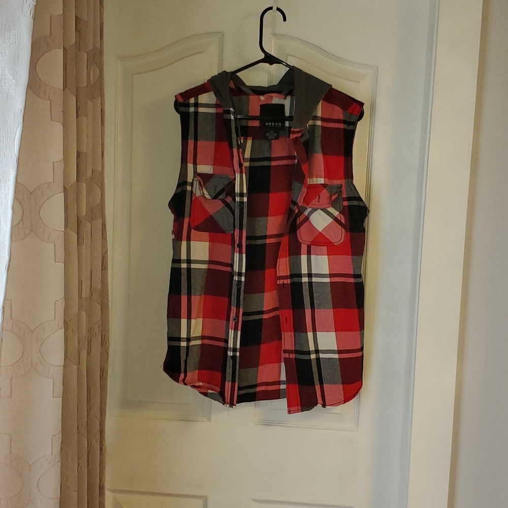 Red flannel button up vest with grey hood